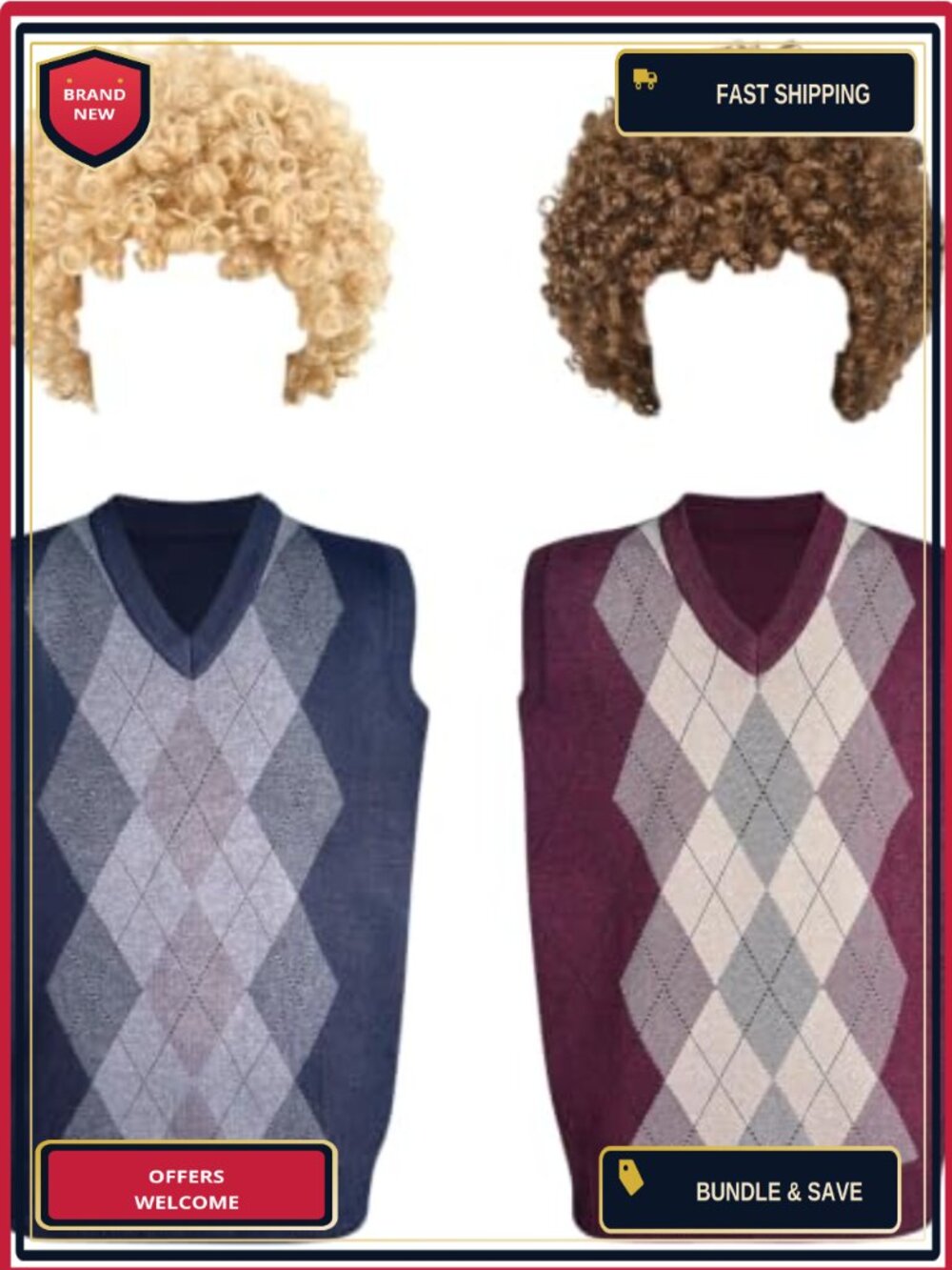 Adult Couples Halloween Cosplay Costume Set Argyle Knit Sweater Vests & Afro